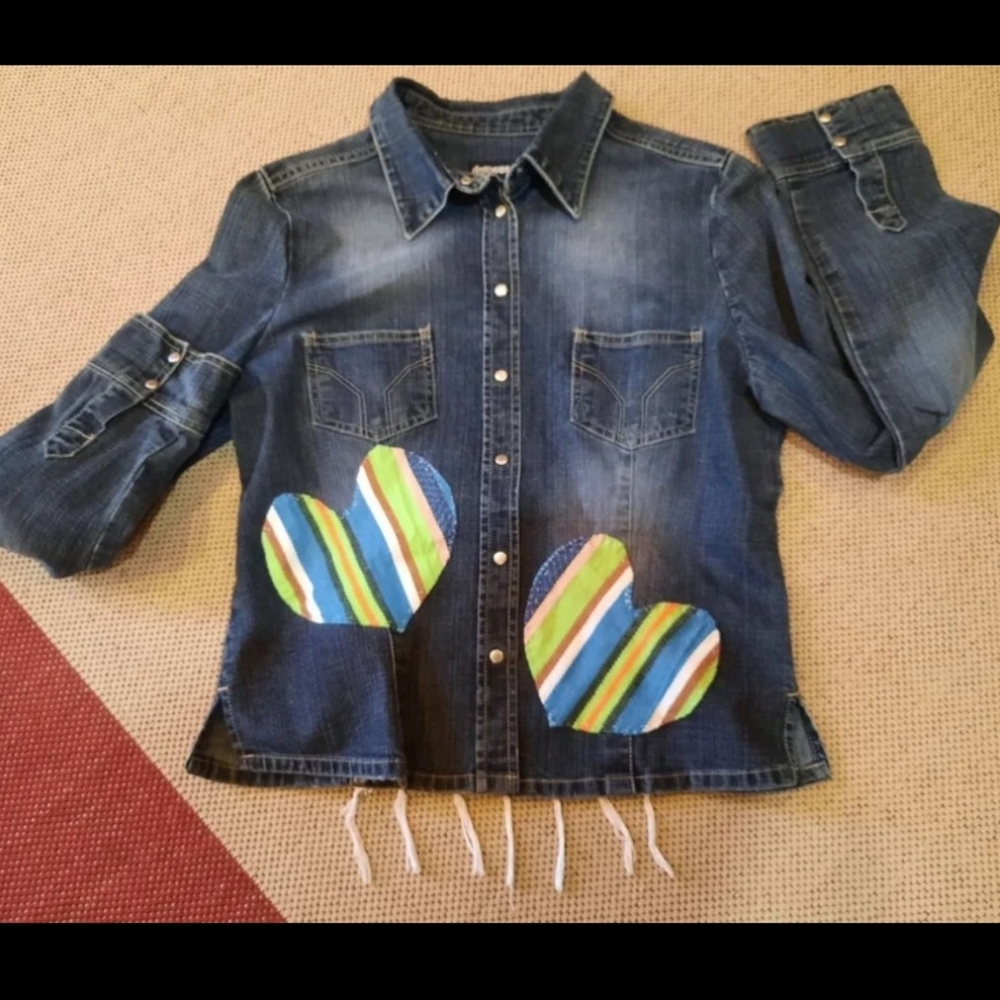 Upcycled Jean Jacket M Aztec Patch Shacket - image 2
